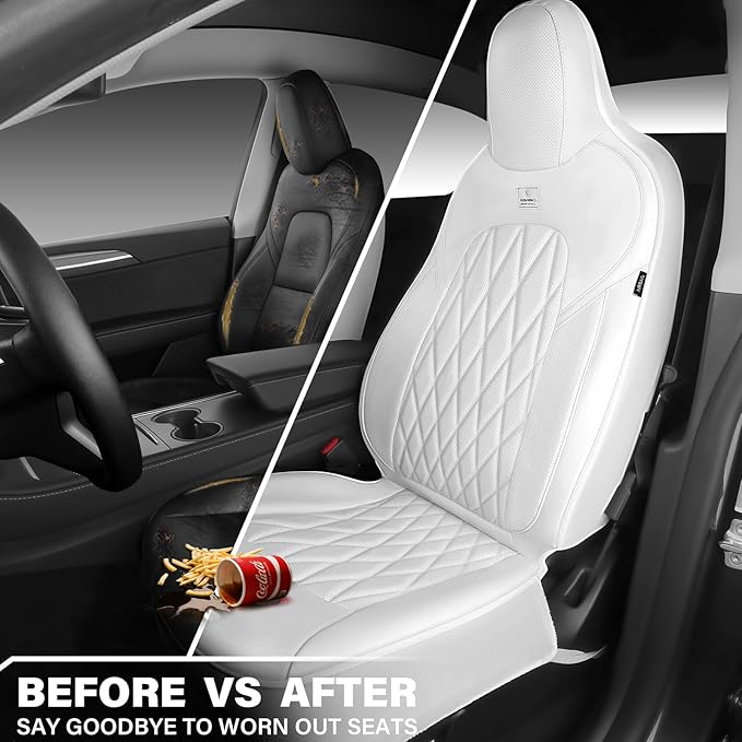 CAR PASS Nappa Leather High Back Front Seat Covers, Tesla Model 3 Model Y Breathable Faux Leather Front Bucket Seat Covers, A