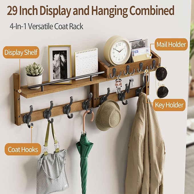 29 inch Coat Rack Wall Mount with Shelf, Set of 2 Heavy Duty Coat Hooks Wall Mount, Entryway Coat Hanger Wall Shelf with Key 