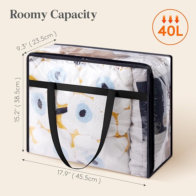 Lifewit 3 Pack Clear Clothes Storage Bags, 40L Plastic Blanket Storage Bag, Vinyl Foldable Moving Bags with Zipper, Closet Or