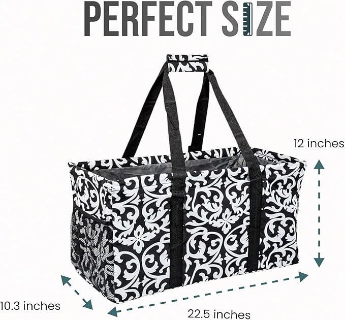 Extra Large Utility Tote Bag - Oversized Collapsible Reusable Wire Frame Rectangular Canvas Basket With Two Exterior Pockets For Beach, Pool, Laundry, Car Trunk, Storage - Damask Gray