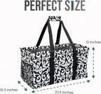 Extra Large Utility Tote Bag - Oversized Collapsible Reusable Wire Frame Rectangular Canvas Basket With Two Exterior Pockets For Beach, Pool, Laundry, Car Trunk, Storage - Damask Gray