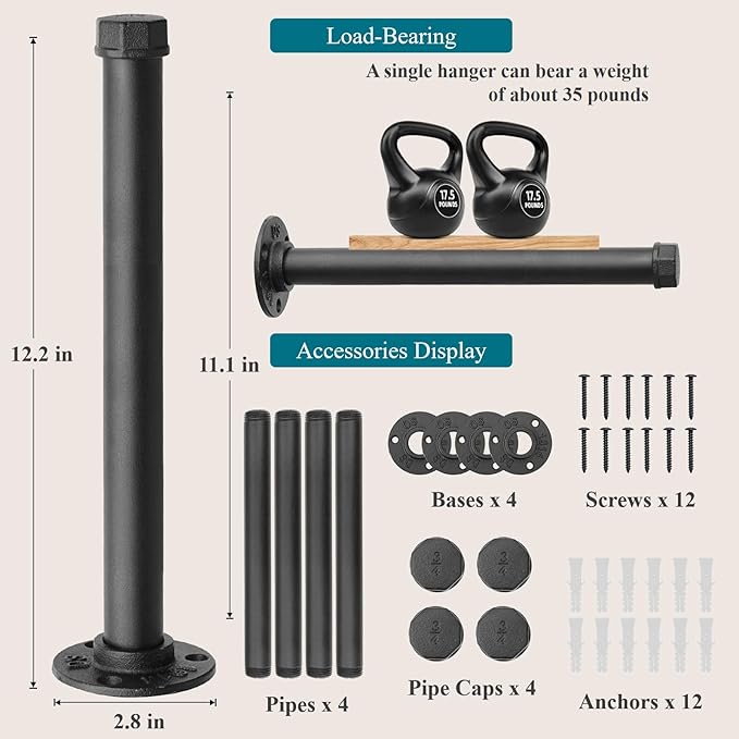 Cast Iron Wall Mounted Clothes Rack, Heavy Duty Industrial Pipe Clothing Rack for Hanging Clothes, Garment Racks for Wardrobe
