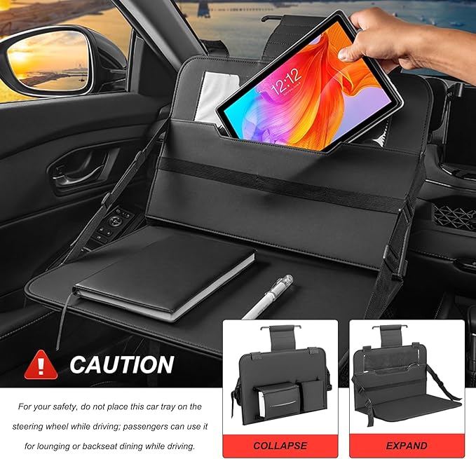 Car Steering Wheel Tray, Foldable Car Laptop Desk Eating Food Tray with Transparent Holder & Tissue Box, Adjustable Back Seat Headrest Table for in-Car Dining Working Studying (Black)