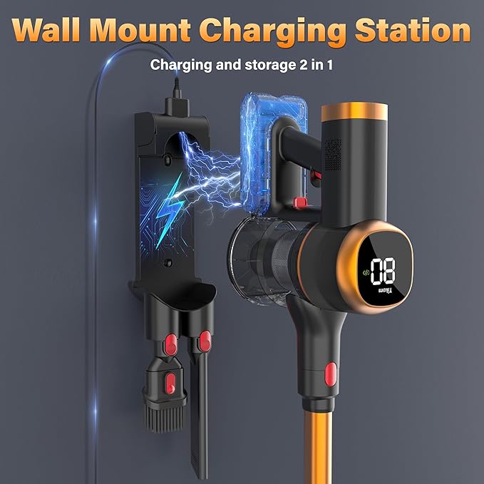 Tikom V500 Cordless Vacuum Cleaner for Home, 40000Pa/450W Stick Vacuum with LED Touch Screen, Charging Wall Dock, Anti-Tangle