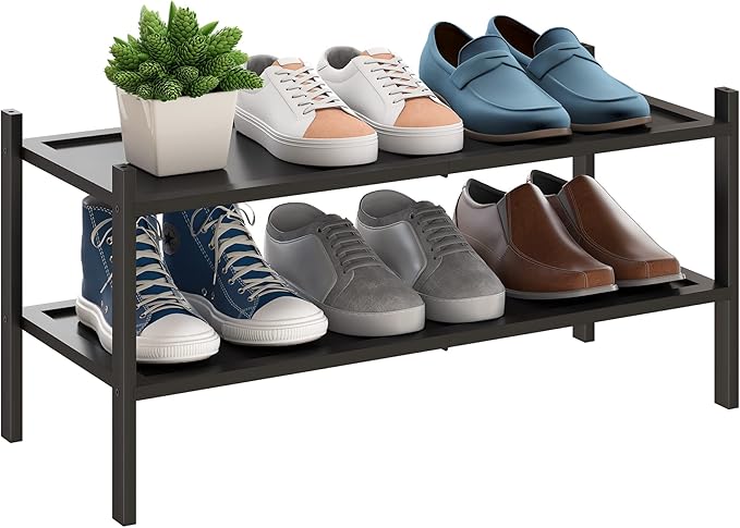 BMOSU 2-Tier Bamboo Shoe Rack Premium Stackable Shoe Shelf Storage Organizer for Hallway Closet Living Room Entryway Organize