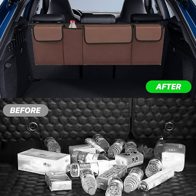 Car Trunk Organizer, Waterproof Backseat Hanging Large Storage with Adjustable Straps, Collapsible Cargo Bag with 4 Pockets,
