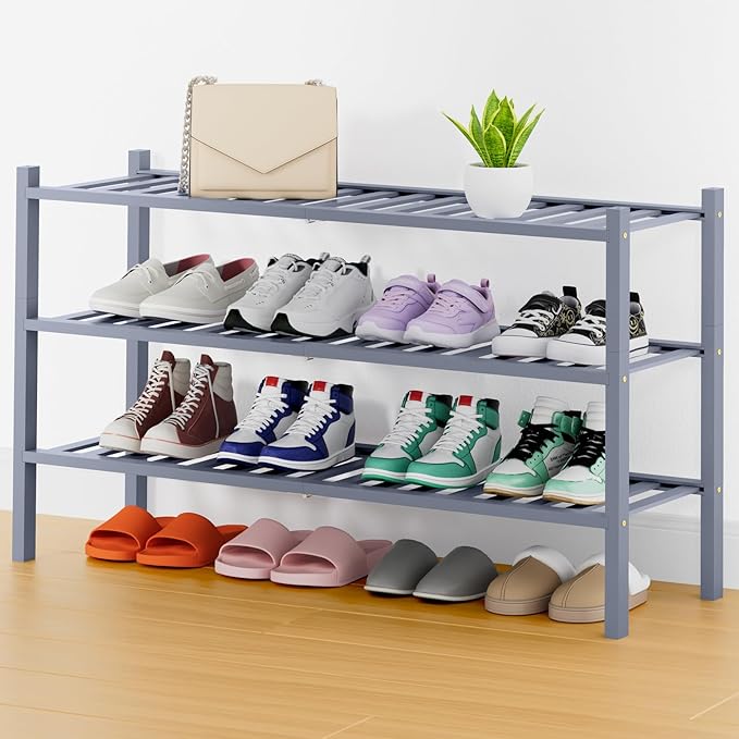 Smiry Shoe Rack, 3 Tier Thick Long Bamboo Shoe Organizer, Stackable Free Standing Wooden Shoe Storage Shelf for Closet, Entry