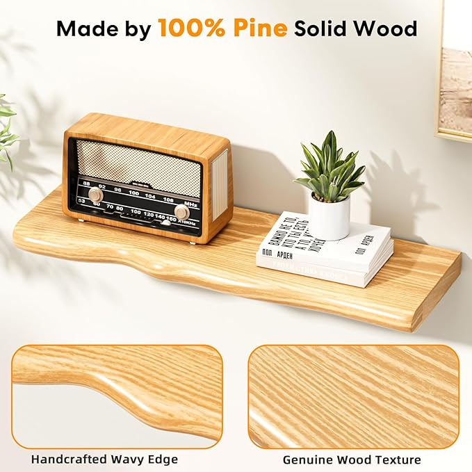 Floating Shelves for Wall 24 Inch Wooden Floating Shelves Live Edge Shelf with Unique Natural Grain Wall Mounted Rustic Pine 