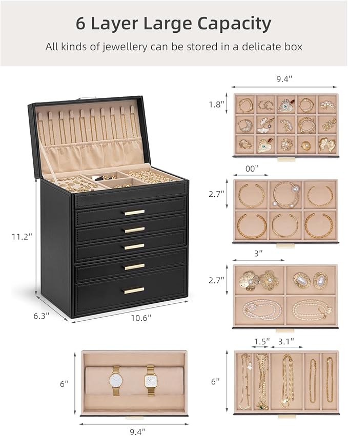 Vlando 6 Layer Large Jewelry Box - Jewelry Holder Organizer, Jewelry Box Organizer for Drawer Necklace Ring Bracelet and Watc