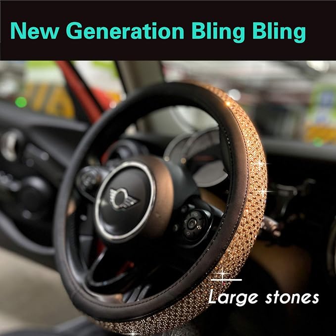 PINCTROT Bling Bling Comfy Steering Wheel Cover with Jumbo Crystal Rhinestones, Anti-Slip Diamond Leather Car Steer Cover (Gold)