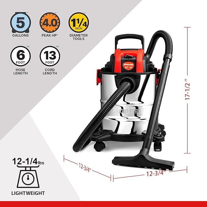 Shop-Vac 5 Gallon 4.0 HP Wet/Dry Vacuum with Blower Function, Stainless Steel Tank, Portable Shop Vacuum with Wheels, Include