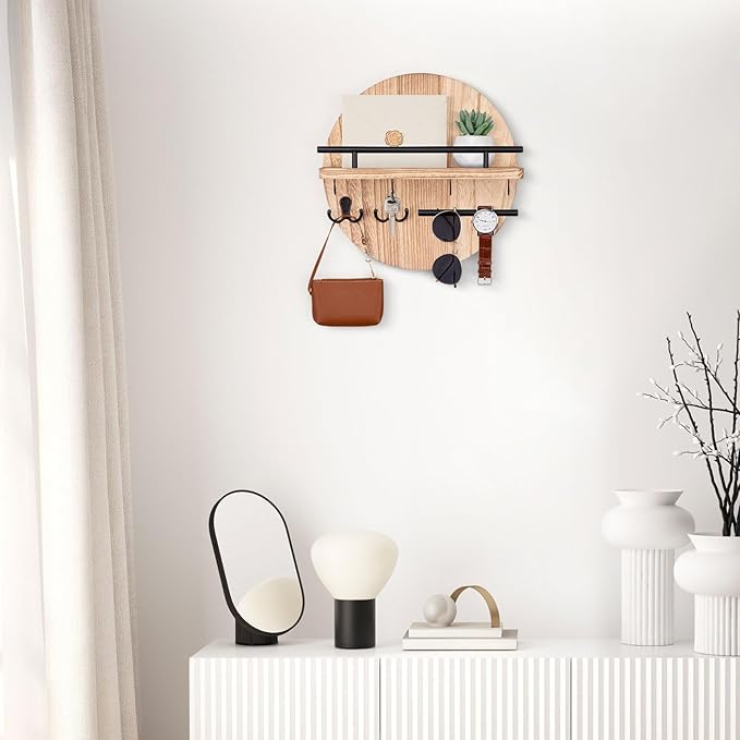 Nekon Key Holder Wall Mount, 11.8 Inch Key Rack with Shelf and 6 Key Hooks, Rustic Key and Mail Organizer, Circular Wooden Ke