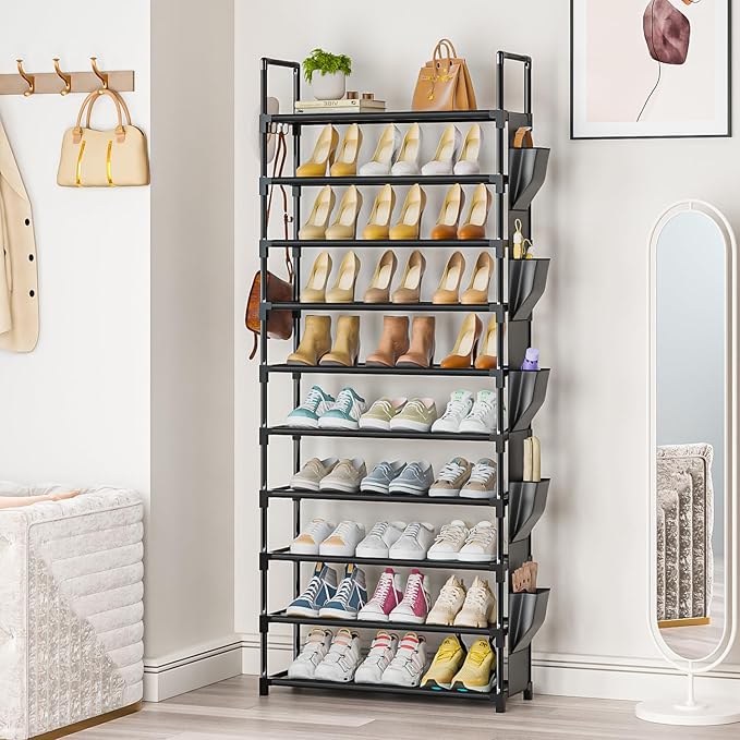 LUKYTOWER Tall Shoe Rack - 10 Tier Shoe Organizer with Metal Shelf, 5 Hooks, Pocket & Sturdy Stand for Closet Shoes