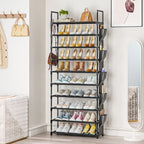 LUKYTOWER Tall Shoe Rack - 10 Tier Shoe Organizer with Metal Shelf, 5 Hooks, Pocket & Sturdy Stand for Closet Shoes