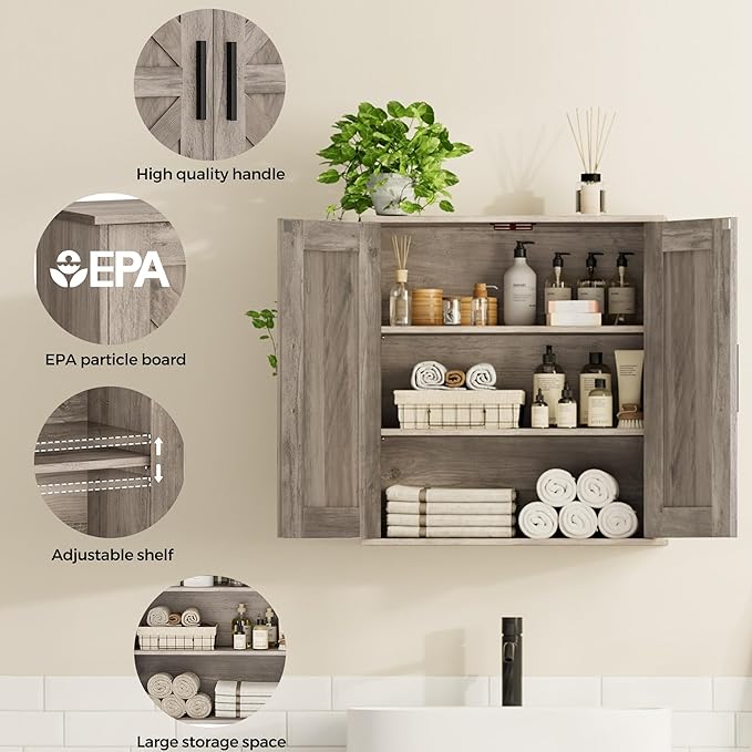 Homleke Bathroom Wall Cabinet, Over Toilet Storage Cabinet with Barn Doors and Adjustable Shelves, 3-Tier Medicine Cabinet Wa