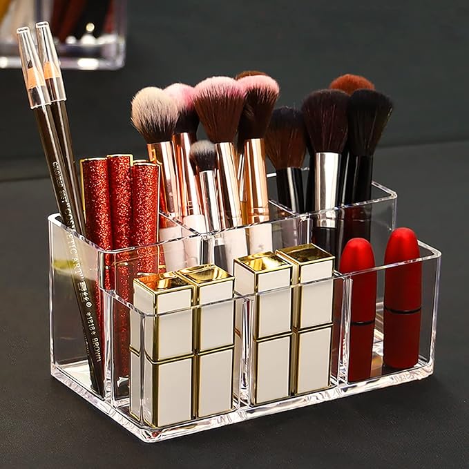 Foraineam 2 Pack Acrylic Makeup Brushes Holder with 6 Slots, Clear Pen Pencil Organizer Desktop Stationery Storage Container,