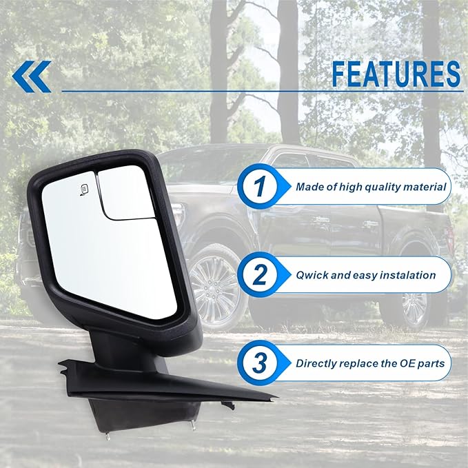 Left Driver Side Door Mirror Compatible With 2021 2022 2023 2024 2025 2026 Ford F150 With Power Glass Manual Folding Heated Matte Black Replace#ML3Z17683UA(5Pins)