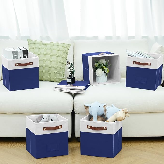 FinishingBo 6-Pack Storage Cubes with Handles & Label Holders Basket, Closet Cube Home Organizer Bins(White/Blue, 10.5 * 10.5