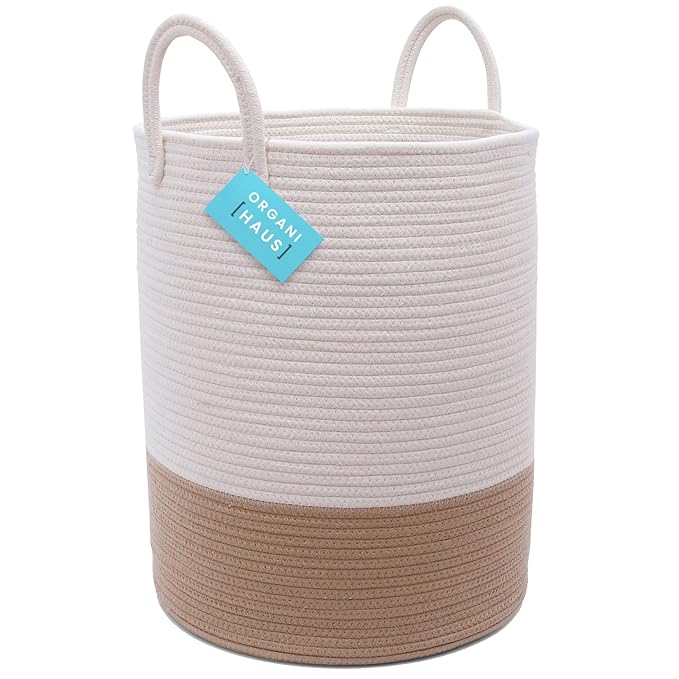 OrganiHaus Large Woven Laundry Basket w/Handles 52L, Rope Dirty Clothes Hamper, Blanket Basket for Living Room, Baby Laundry 