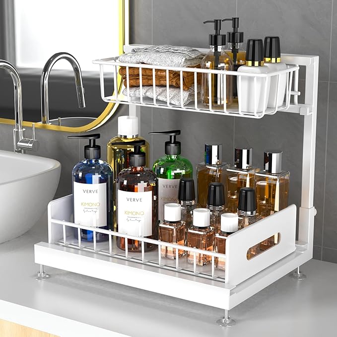 2 Pack Under Sink Organizer, Pull Out Cabinet Organizer 2 Tier Slide Out Sink Basket Drawer Sink Shelf Cabinet Storage Shelve