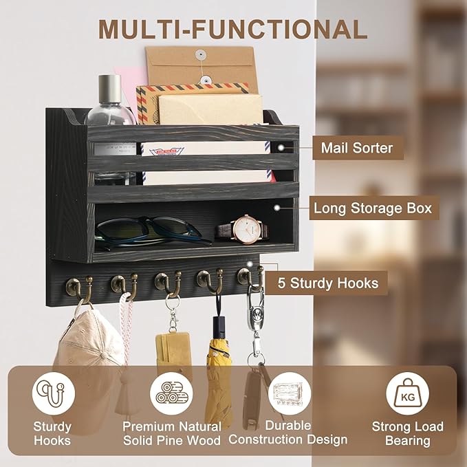 Mail and Key Organizer for Wall – Key Holder Wall Mount with Storage Box and 5 Key Hooks, Mail Holder Wall Mounted for Entryw