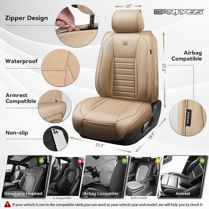 CAR PASS Nappa Leather Car Seat Covers Front Seats, Luxury Seat Protector for Cars, Waterproof Anti-Slip Seat Cushion Airbag 