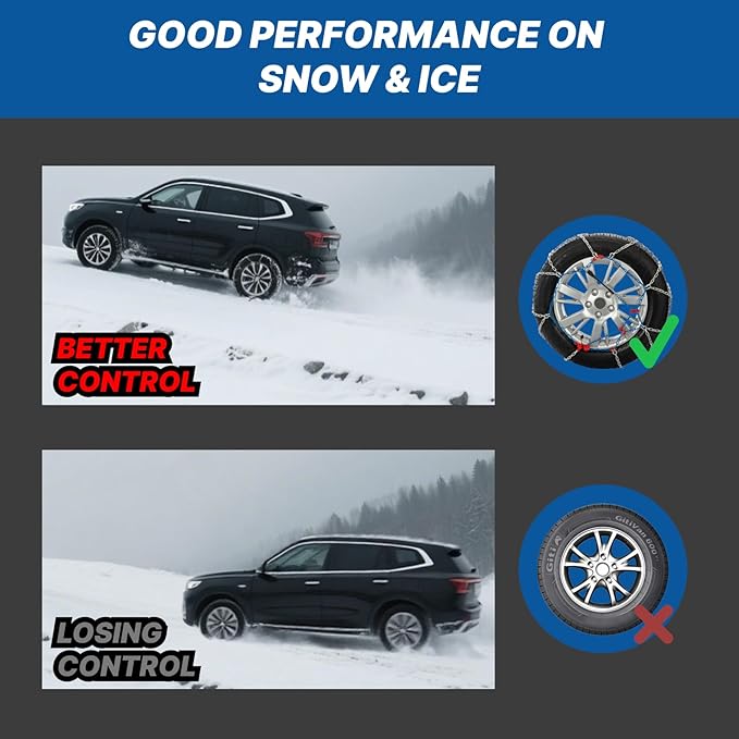 Snow Chains for Car Tires, Tire Chains for Passenger Cars, Sedan, SUVs, Quick Fit & Easy Installation Snow Tire Chains, Porta