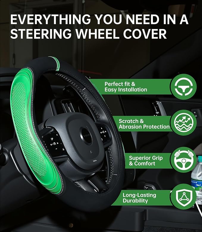 XCBYT Steering Wheel Cover - Green Leather Steering Wheel Wrap Great Grip with 3D Honeycomb Quick and Effortless Installation