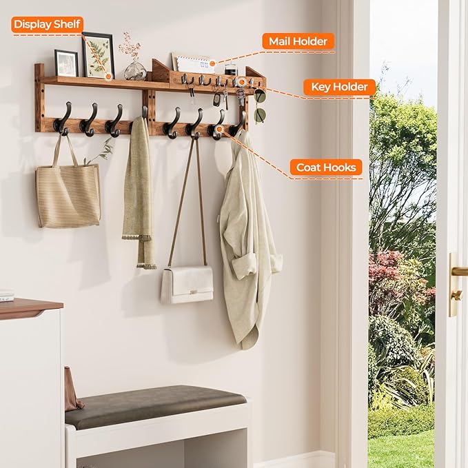 Evermagin 35" Coat Rack Wall Mount with Shelf, 4 in 1 Wall Mounted Coat and Key Hanger with 13 Hooks, Entryway Key Holder wit