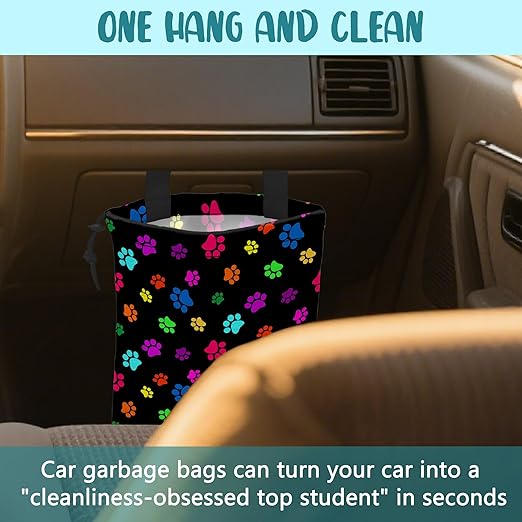 Car Garbage Bag Colorful Paw Prints Hanging Canvas Car Trash Bag Waterproof Drawstring Car Back Seat Organizer for Car Back Front Seat Console with Adjustable Buckle