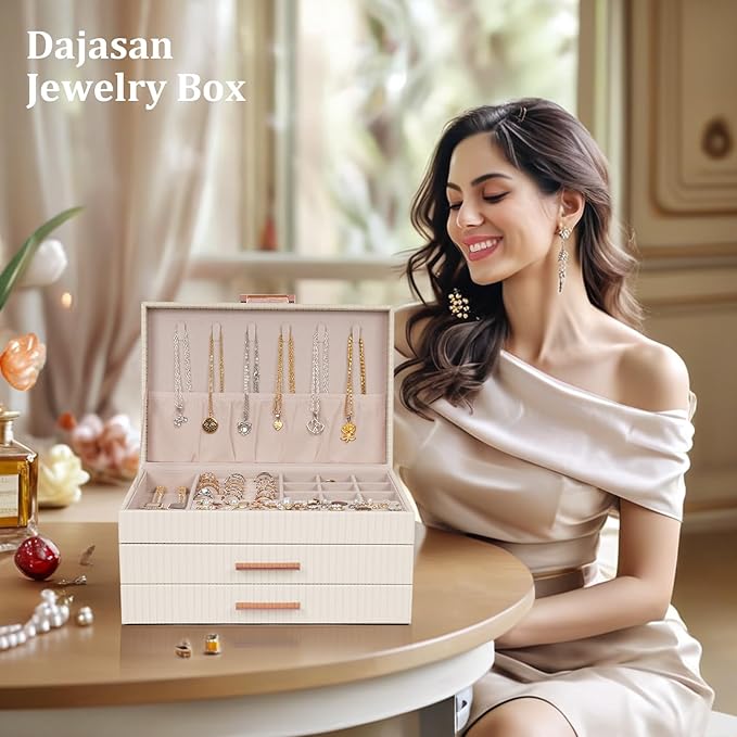 Dajasan Jewelry Box Organizer, 3-Tier Jewelry Storage Organizer with 2 Drawers, Large Jewelry Boxes for Women, PU Leather Sur