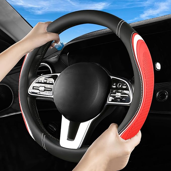 Leather Splicing Black Red White Car Steering Wheel Cover,14.5-15 Inch Universal Microfiber Leather Covers Breathable Anti-Sl