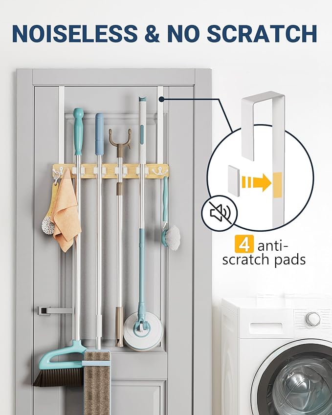 Lorbro Broom Holder Door Mount, Over the Door Broom and Mop Holder with 2 Over Door Hooks, Wood Broom Hanger, Tool Rack Organ
