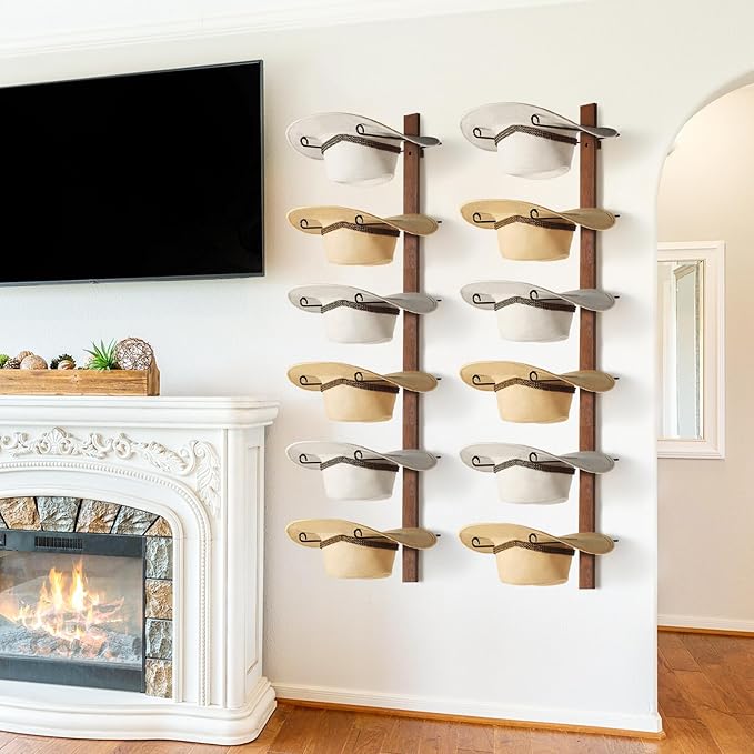Cowboy Hat Rack, 6 Pieces Hat Rack for Cowboy Hats with Wooden Board, Metal Cowboy Hat Holder Wall Storage Hat Holder-Organiz