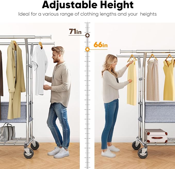 HOKEEPER Clothing Rack Heavy Duty Clothes Rack for Hanging Clothes Load 625LBS Extendable Double Rod Clothes Rack, Adjustable