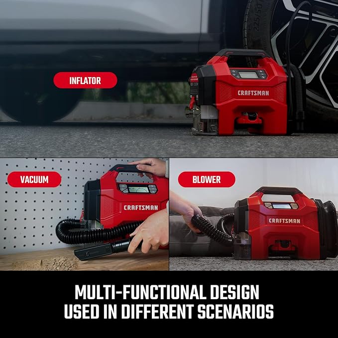 CRAFTSMAN Inflator/Vacuum/Blower 3-IN-1,Tire Inflator Portable Air Compressor with LED Light,Quiet Car Vacuum or Blower, 160 PSI for Car RV Truck,12V DC Corded and 20V DC Cordless,Tool Only