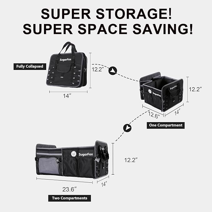 Bold Color Block Trunk Organizer, Foldable with 26L Ice Pack,95L Dedicated Shoe Space, Stylish for SUV/Car (Black, Midsize)