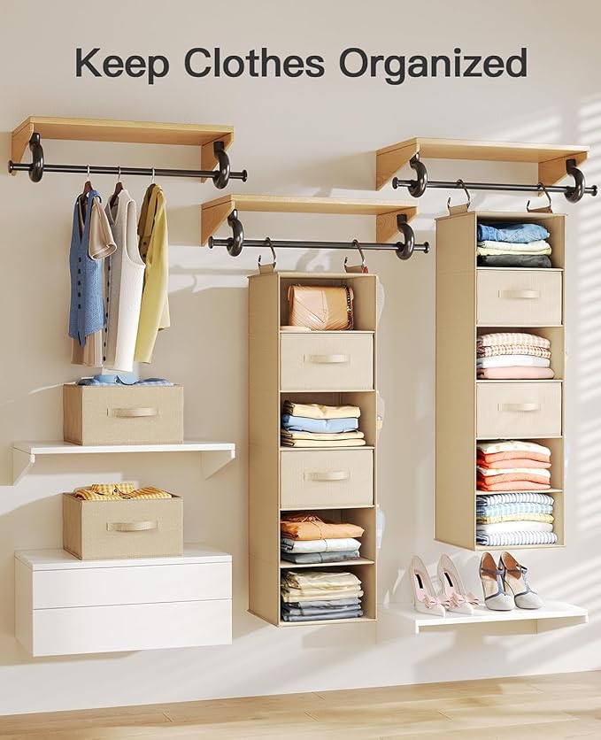 Pipishell 6-Shelf Hanging Closet Organizer, with 3 Detachable Drawers & Side Pockets, Closet Organizers and Storage for Bedro