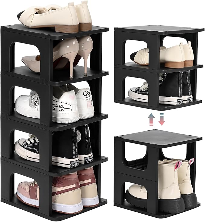 TRZZ 5-Tier Small Shoe Rack, Vertical Narrow Stackable Organizer with Removable Partition, Efficient Shoe Storage for Closet,