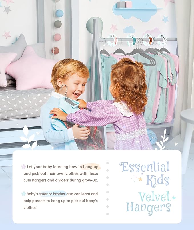 VIS'V Baby Hangers, 11 Inch Velvet Kids Hangers with 6 Pcs Clothes Size Dividers, Infant Toddler Nursery Closet Organization,