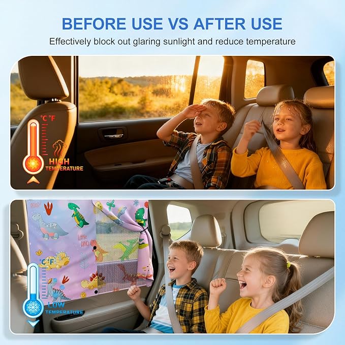Car Window Shades with 8 Magnets-26.8"x19.7" Car Rear/Side Window Sunshade for Baby Semi-Transparent 2-in-1 Universal Auto Sun Shade for Kid & Pet Protection (2 Pack) Dinosaur Cartoon