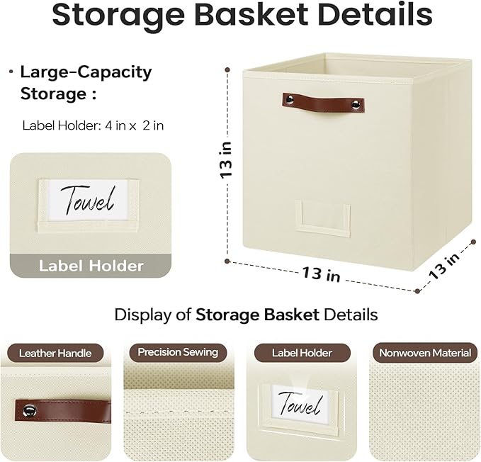 FinishingBo 6-Pack Storage Cubes with Handles & Label Holders Basket, Closet Cube Home Organizer Bins(Beige, 13 x 13 x 13 inc