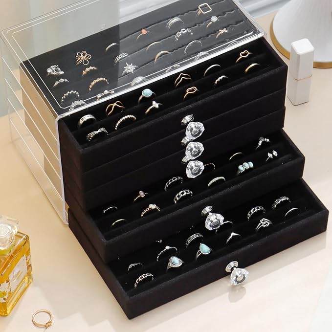 SPAKOWN Ring Box Display Holder, Clear Velvet Jewelry Storage Tray Organizer for Ring Stud Earring (Black, 5 Drawers)