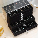 SPAKOWN Ring Box Display Holder, Clear Velvet Jewelry Storage Tray Organizer for Ring Stud Earring (Black, 5 Drawers)