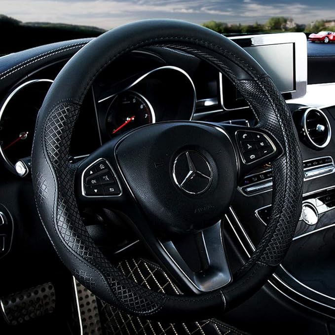 Red Rain Black Leather Steering Wheel Cover Cowhide Wheel Cover Genuine Leather BMW Steering Wheel Cover Universal Size M / 15inch Fit Car/Auto/SUV (A-Black-M)