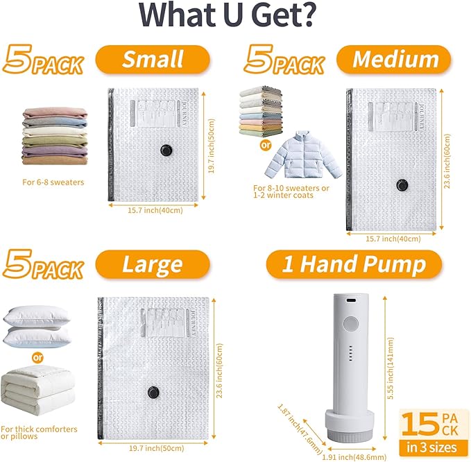 Vacuum Storage Bags for Travel, Vacuum Seal Bags for Clothing with Portable Electric Pump, Space Saver Bags in Multiple Carry
