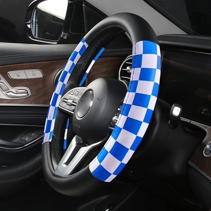 Dotesy Lattice Car Steering Wheel Cover Microfiber Leather Non-Slip Comfort Universal 15 inch Checkered Plaid Wheel Protector