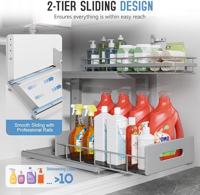 Under Sink Organizer Upgrade To Professional Rails,2-Tier Dual Pull Out Cabinet Storage,Height Adjustable Slide Out Drawers F