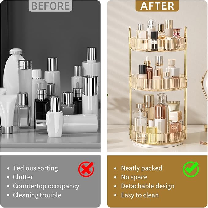 360° Rotating Makeup Organizer, Large Capacity Skincare Organizer, 3 Tier Cosmetic Skin Care Perfume Dresser Organizer, Fits 