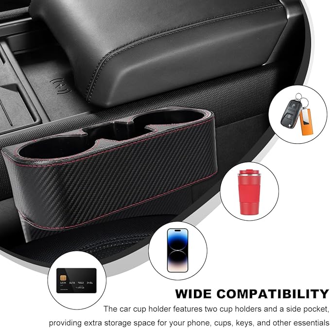 Car Seat Gap Filler Organizer, Multifunctional Auto Console Side Storage Box with Cup Holder, Universal PU Leather Cup Holder Front Seat Crevice Filler for Car Truck SUV (Carbon Fiber Black)